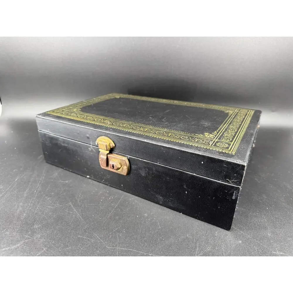 Vintage 1950s Jewelry Box Black Gold Tooled Red Velvet Lift Tray 12.5